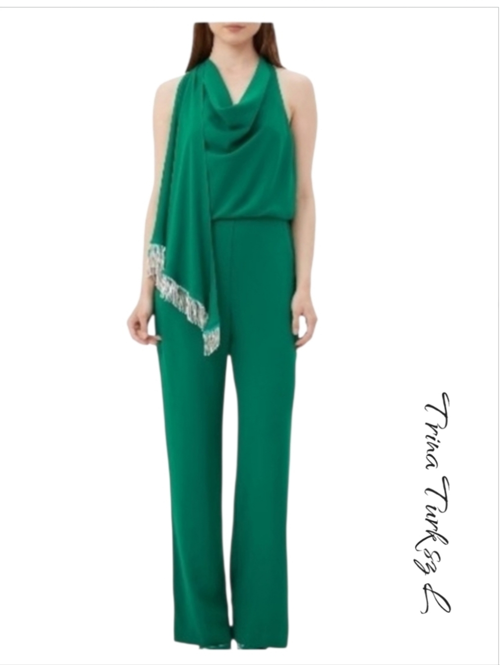 Trina Turk Momo Fringe Jumpsuit Emerald Green Rhinestone Cowl Neck Wide Leg L